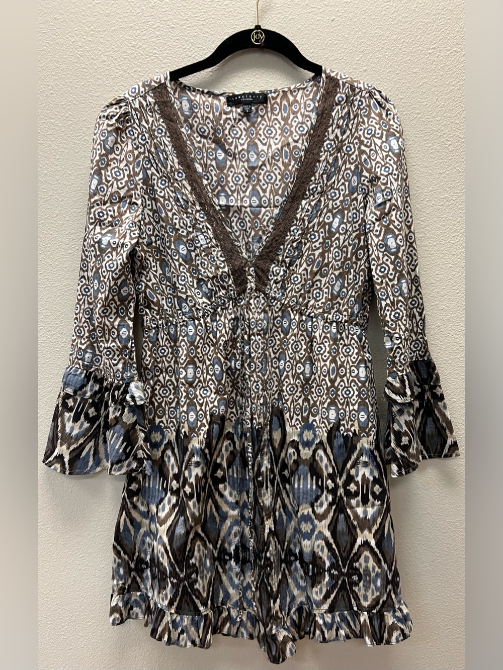 Sanctuary Small New No Tags Brown & Blue Patterned Long Sleeve Tunic Dress